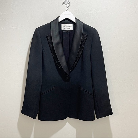 ALBERT NIPON EVENING Women’s Black Beaded Shawl Collar Jacket Formal Cruise Sz 6 - Picture 1 of 7